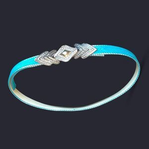 Teal Leather Engraved Vtg Belt W/ Silver & Gold Silver Tone Arrow Shape 6.5